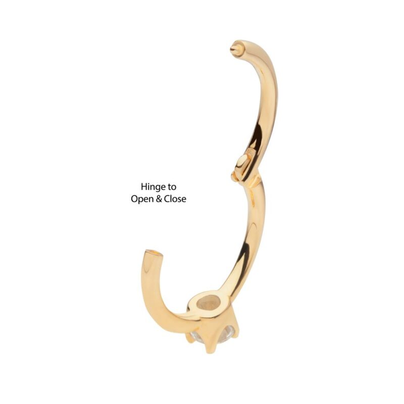 The 14K Proposal Clicker is a gold-colored metal hook featuring a hinge mechanism for easy opening and closing; text reads Hinge to Open & Close.