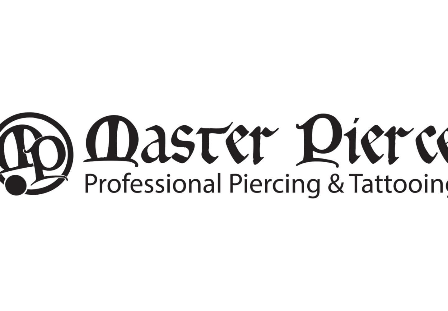 Logo for Master Pierce features stylized black gothic text with the initials MP in a circular design on the left. Below, it reads Professional Piercing & Tattooing in a clean, modern font on a white background. Contact Us for more details.