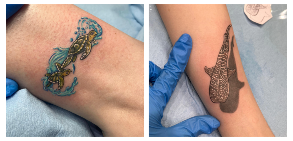 Side-by-side images of forearm tattoos: the left shows two sea turtles swimming in blue waves; the right shows a whale shark tattoo, with a gloved hand pointing at it.