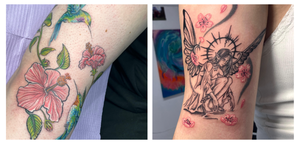Side-by-side tattoos: left shows colorful hibiscus flowers and a hummingbird on an arm; right shows a black and gray angel kneeling with wings, a halo, and scattered pink cherry blossoms.