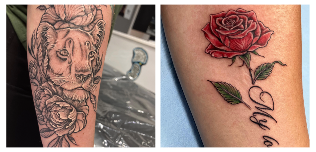 Side-by-side images of tattoos: the left shows a detailed lion and roses in black ink, the right shows a red rose with green leaves and cursive text on light skin.