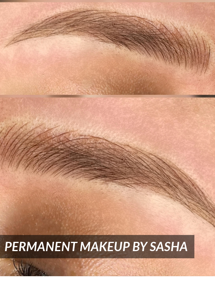 Close-up before-and-after photos of an eyebrow, showing natural-looking permanent makeup results. The brows are well-shaped and defined. Text overlay reads, PERMANENT MAKEUP BY SASHA.