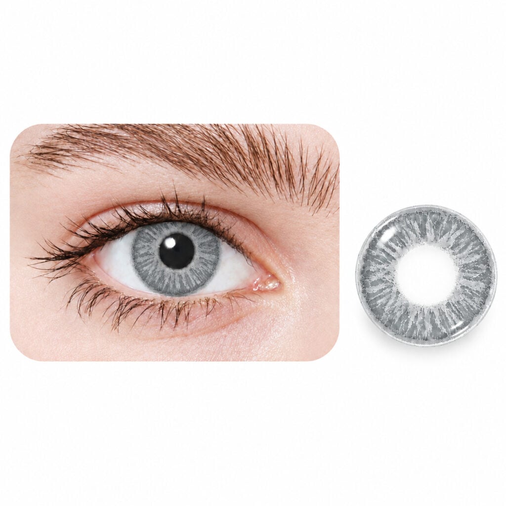 Close-up of an eye wearing a gray contact lens, alongside the lens itself showing its textured gray pattern