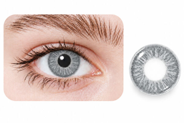 Close-up of an eye wearing a gray contact lens, alongside the lens itself showing its textured gray pattern