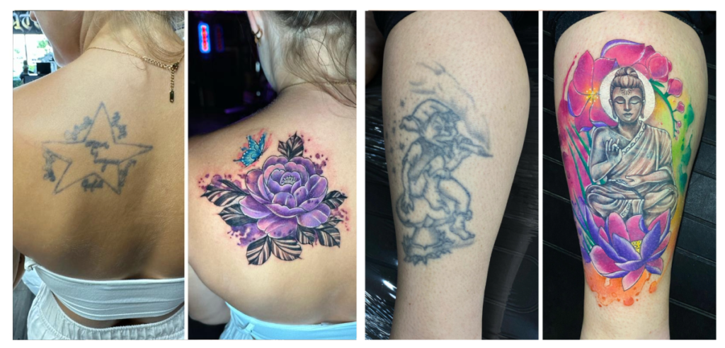 Four photos show tattoo cover-up transformations: the first two show a faded star tattoo replaced by a vibrant purple flower with a butterfly. The last two show an old Buddha tattoo covered with a colorful, detailed Buddha design.