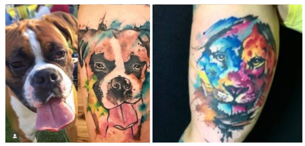 Side-by-side images: on the left, a brown and white dog next to a colorful watercolor-style tattoo of its face; on the right, a vibrant watercolor-style tattoo of a lion’s face on someone’s arm.