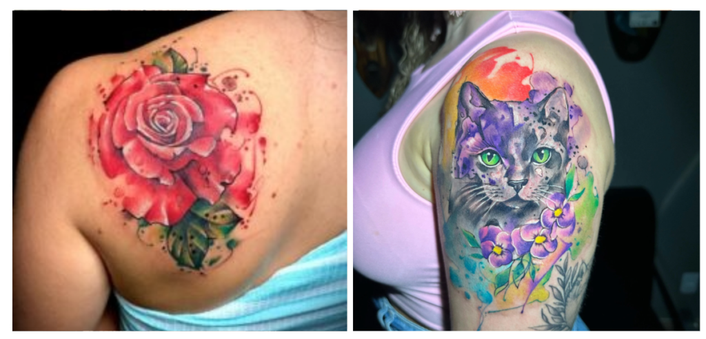 Side-by-side images: on the left, a vibrant watercolor-style red rose tattoo on a person’s shoulder; on the right, a colorful tattoo of a cat’s face surrounded by abstract flowers on an upper arm.