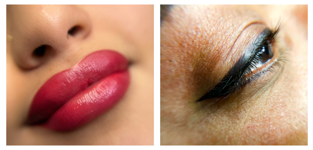 Close-up of a persons face split in two images: on the left, pink-red lips and nose; on the right, a closed eye with black winged eyeliner and visible skin texture.
