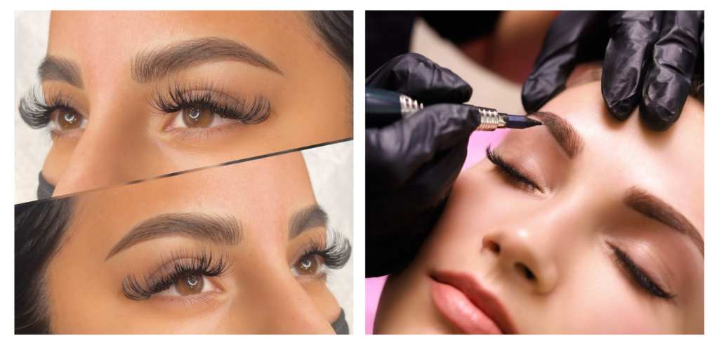 Close-up of a womans eyes with thick, well-shaped eyebrows and long lashes (left); on the right, a gloved hand uses a tool to apply semi-permanent makeup to another womans eyebrow.