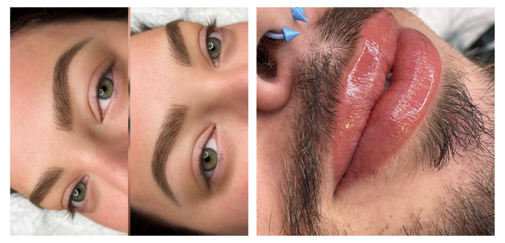 Close-up collage showing two images of well-groomed eyebrows on the left and a close-up of plump, glossy lips with facial piercings and facial hair on the right.