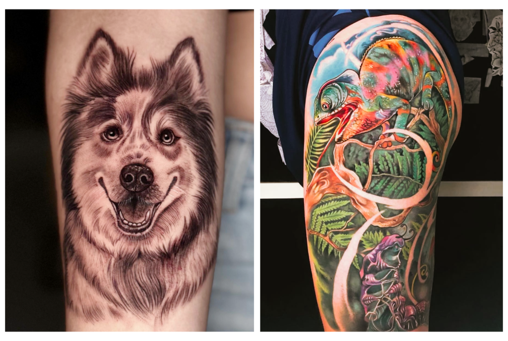 Side-by-side tattoos: on the left, a realistic black and gray portrait of a smiling dog; on the right, a colorful chameleon surrounded by vibrant jungle plants and branches on a person’s thigh.