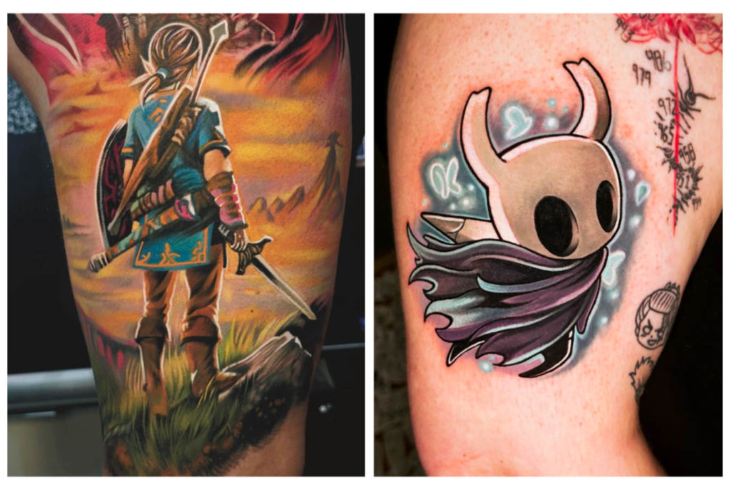 Side-by-side tattoos: left, a detailed image of a sword-wielding video game character standing on a grassy cliff; right, a stylized cartoon figure with big eyes and tiny horns, surrounded by blue butterflies.