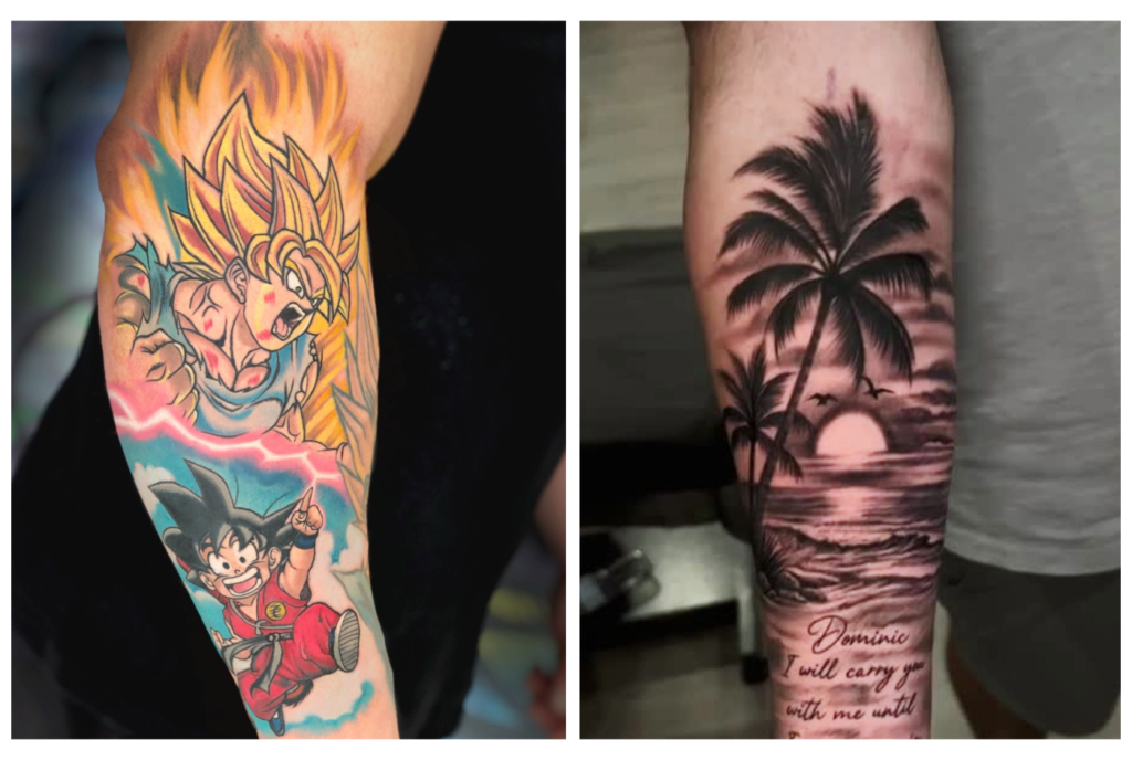 Side-by-side image of two tattoos: the left shows colorful Dragon Ball Z characters; the right features a black and gray tropical beach scene with palm trees, ocean, and a sunset, plus cursive script text on the forearm.