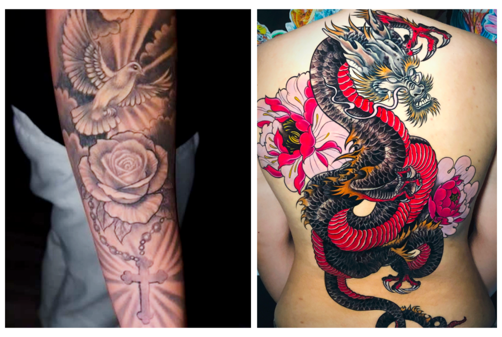 Left: A forearm tattoo of a dove, rose, and rosary with a cross, done in black and gray. Right: A large, colorful tattoo of a red and black dragon with flowers covers a person’s back.