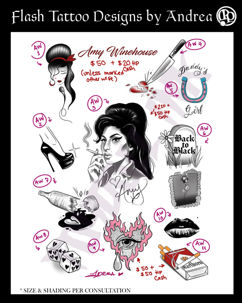 A tattoo flash sheet for Friday the 13th at Master Pierce features Amy Winehouse and themed designs: her portrait, beehive hairdo, “Daddy’s Girl” heart, high heel, lipstick, dice, razor blade, black cat, and burning heart. Prices and titles are marked.