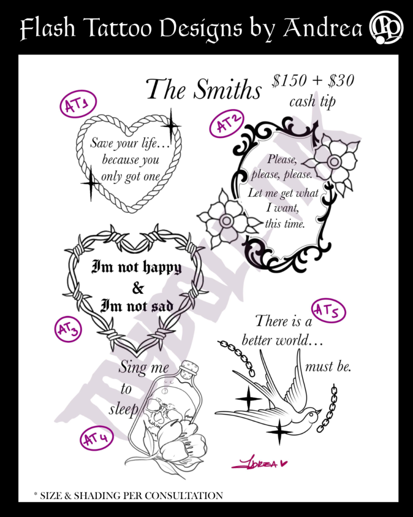 A tattoo flash sheet by Andrea for Friday the 13th at Master Pierce features five Smiths-inspired designs with lyrics, roses, stars, a heart, and a bottle with flowers. Pricing and consultation notes are included at the top and bottom.