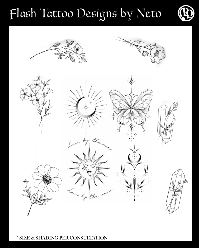 A collection of black and white flash tattoo designs, including flowers, a butterfly, sun and moon motifs, crystals, and celestial symbols—perfect for Friday the 13th at Master Pierce. Displayed on a white background with Flash Tattoo Designs by Neto at the top.