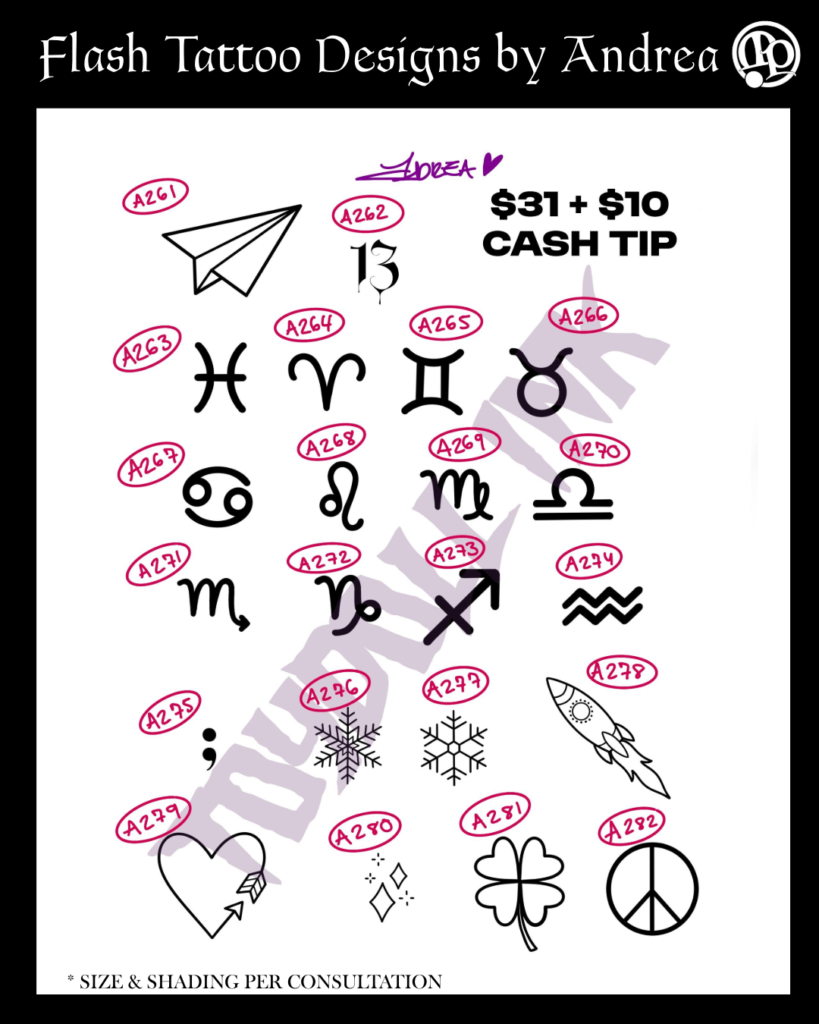 A tattoo flash sheet titled Flash Tattoo Designs by Andrea, created for Friday the 13th at Master Pierce, features zodiac symbols, simple icons like a paper airplane, heart, and peace sign; each circled, numbered, with price details.