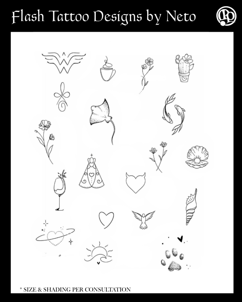 A collection of small, black line flash tattoo designs—including flowers, stars, a cactus, seashell, cocktail, dove, heart, and more—on a white background. Titled Flash Tattoo Designs by Neto for Friday the 13th at Master Pierce.