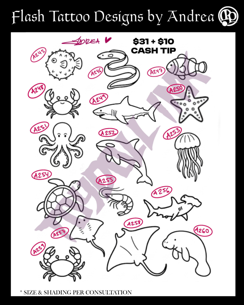 A sheet of ocean-themed flash tattoo designs for Friday the 13th at Master Pierce, featuring a fish, seashell, crab, octopus, turtle, jellyfish, starfish, and manta ray. Each design is labeled with a code and prices are listed at the top.