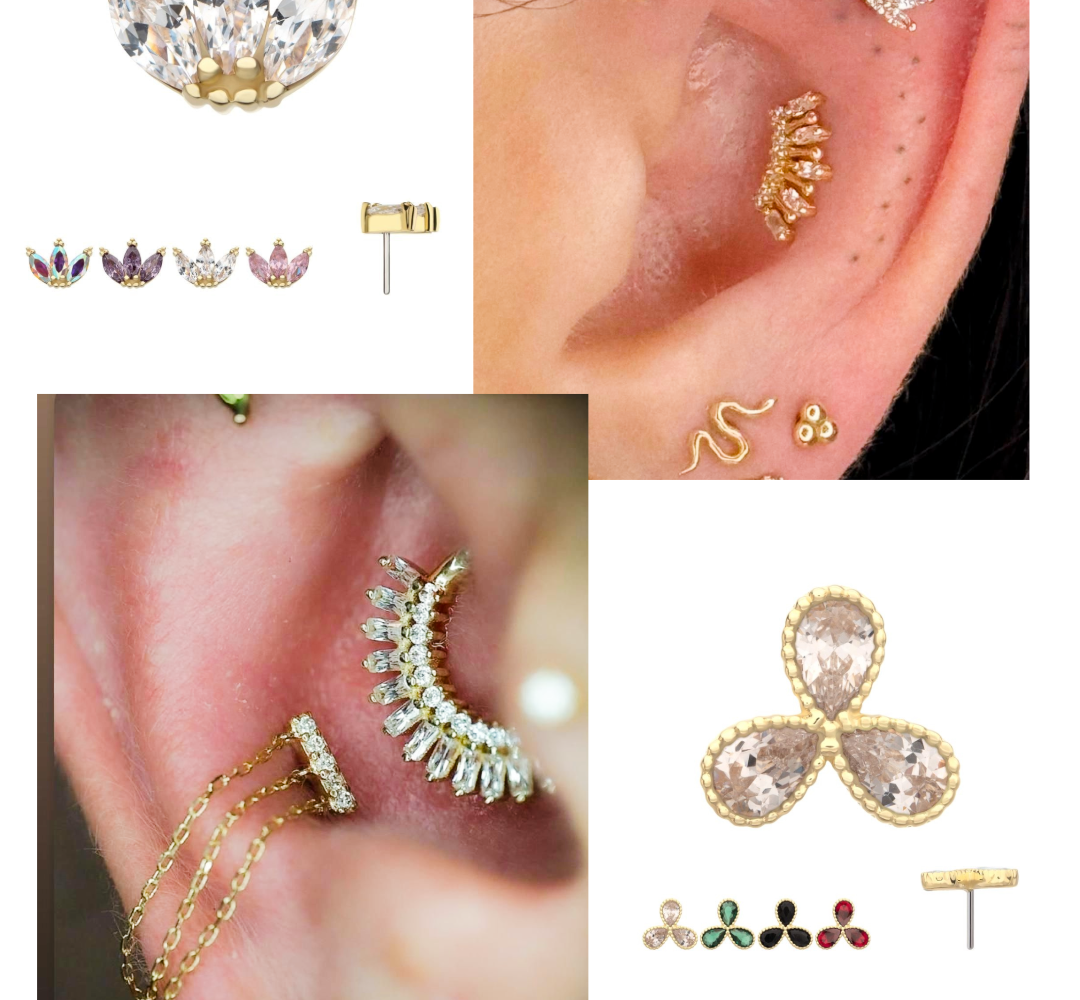 A collage featuring close-up images of ears with multiple stylish piercings, showcasing various types of gold and gemstone jewelry, and the Master Pierce logo with the text Professional Piercing & Tattooing.