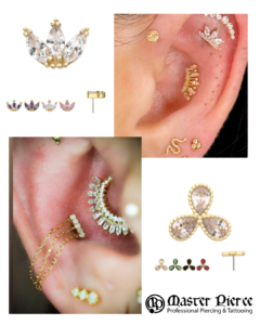 A collage featuring close-up images of ears with multiple stylish piercings, showcasing various types of gold and gemstone jewelry, and the Master Pierce logo with the text Professional Piercing & Tattooing.