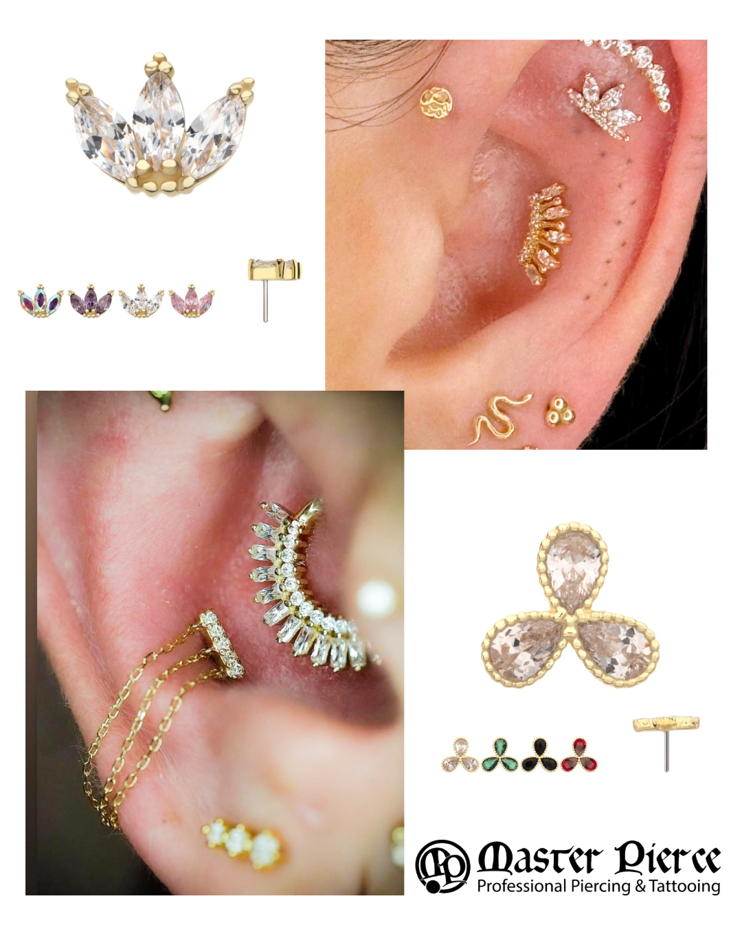 A collage featuring close-up images of ears with multiple stylish piercings, showcasing various types of gold and gemstone jewelry, and the Master Pierce logo with the text Professional Piercing & Tattooing.