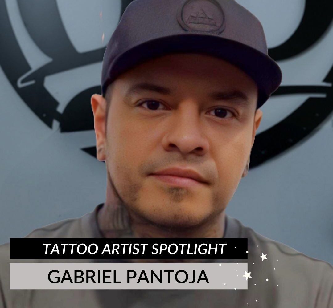 A man wearing a dark baseball cap and shirt is featured in front of a gray background with black graphics. Text overlay reads Tattoo Artist Spotlight: Meet Skie Tattoo Artist Gabriel Pantoja.