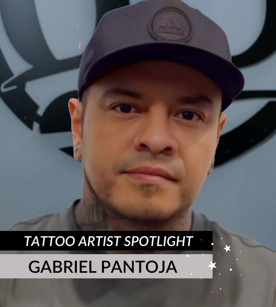 A man wearing a dark baseball cap and shirt is featured in front of a gray background with black graphics. Text overlay reads Tattoo Artist Spotlight: Meet Skie Tattoo Artist Gabriel Pantoja.
