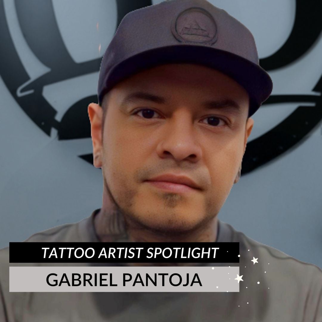 A man wearing a dark baseball cap and shirt is featured in front of a gray background with black graphics. Text overlay reads Tattoo Artist Spotlight: Meet Skie Tattoo Artist Gabriel Pantoja.