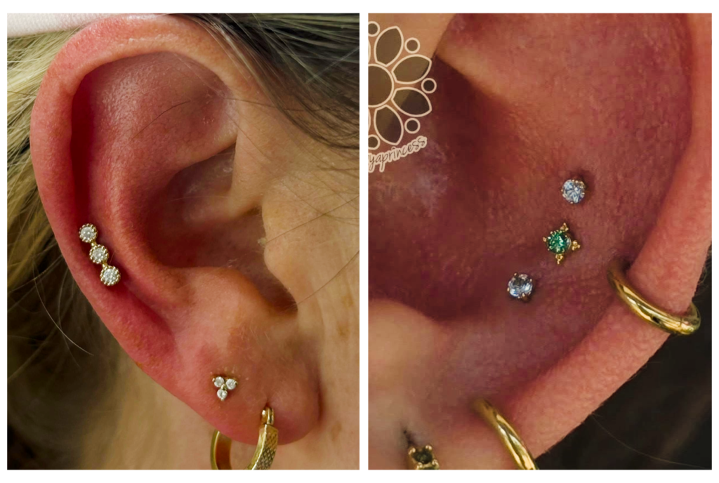 A side-by-side image of two ears with multiple piercings, each ear adorned with small, decorative stud earrings, including gold, silver, and gemstone designs. Both ears have hoop earrings on the lobes.