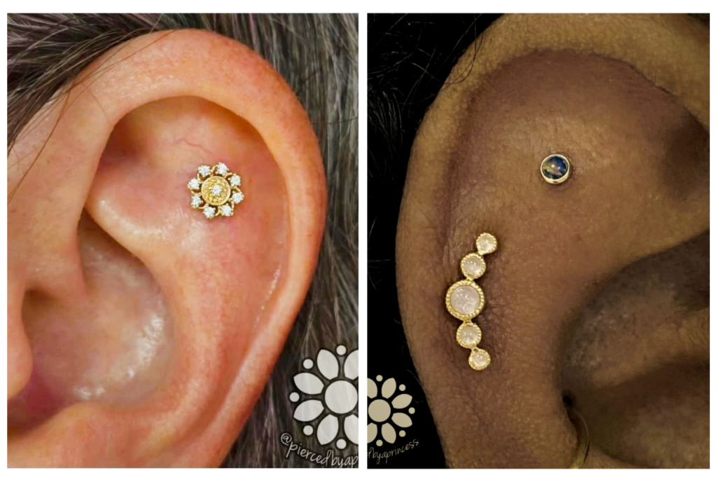 Side-by-side close-ups of two pierced ears: the left features a floral-shaped gold earring with clear gems, the right displays a small blue stud above a curved row of three gold earrings with white centers.