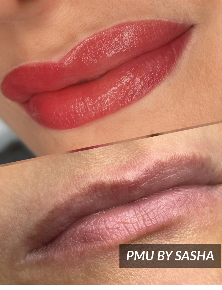 Close-up of lips before and after cosmetic tattooing. The top image shows smooth, vibrant red lips; the bottom image shows pale, uneven lips. PMU BY SASHA is written in the bottom right corner.