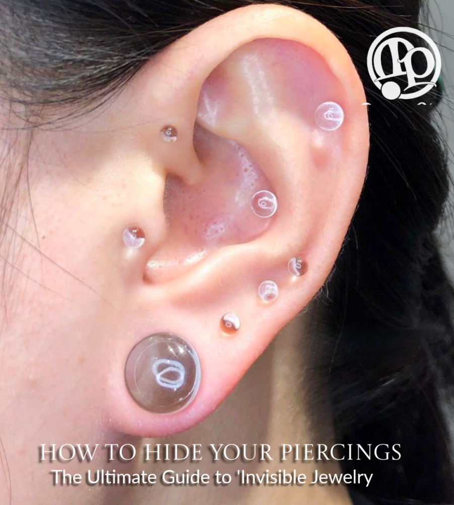 A close-up of an ear with multiple piercings, each fitted with clear or flesh-toned jewelry or subtle lab grown diamonds to blend with the skin. Text at the bottom reads, How to Hide Your Piercings: The Ultimate Guide to Invisible Jewelry.