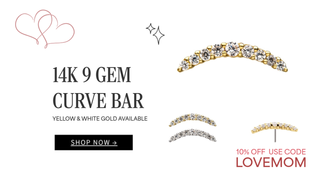 Advertisement for a 14K 9 gem curve bar earring, available in yellow and white gold. Features images of the earring in different finishes, a Shop Now button, and a 10% off code LOVEMOM. Decorative hearts and stars included.