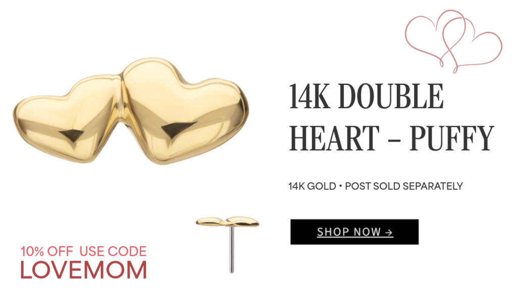 Gold earring shaped like two puffy hearts side by side, with text “14K Double Heart – Puffy,” “14K Gold • Post Sold Separately,” and a 10% off code “LOVEMOM.” “Shop Now” button and heart line art are also shown.