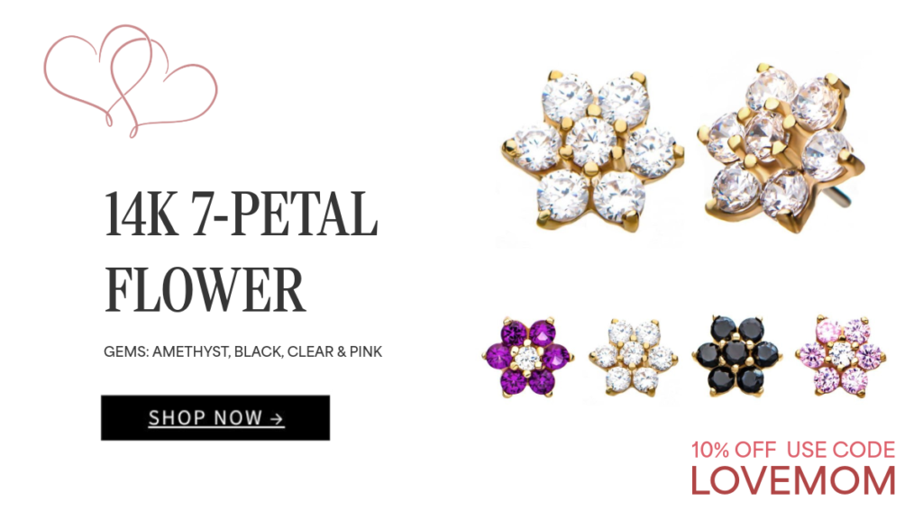 Gold 7-petal flower earrings with clear, pink, black, and purple gems, shown above a 10% off promo code LOVEMOM; SHOP NOW button and product info displayed on the left.