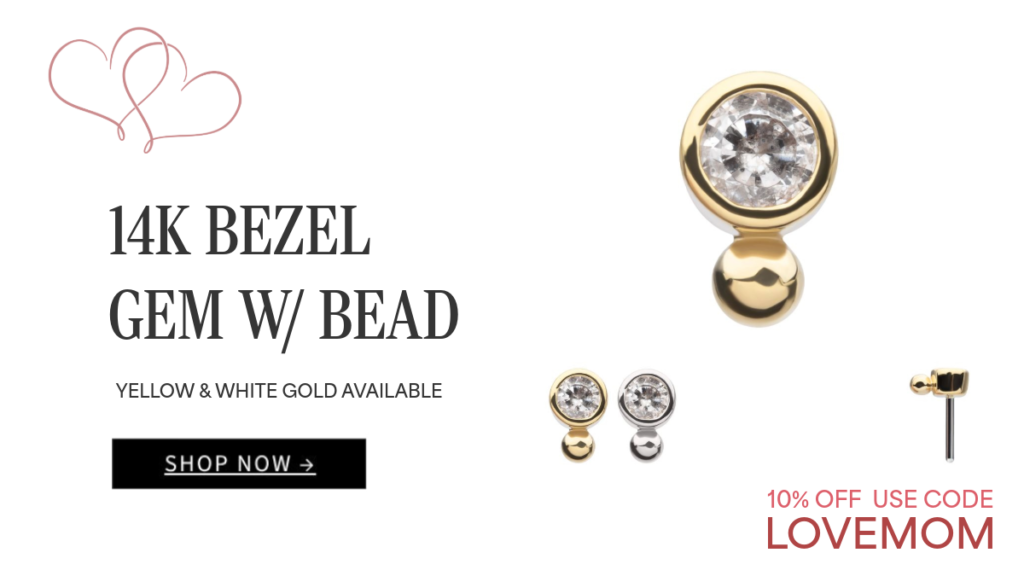 A gold bezel-set gem earring with a bead is shown alongside smaller images of matching earrings. Text offers 10% off with code LOVEMOM and highlights yellow and white gold options with a Shop Now button.