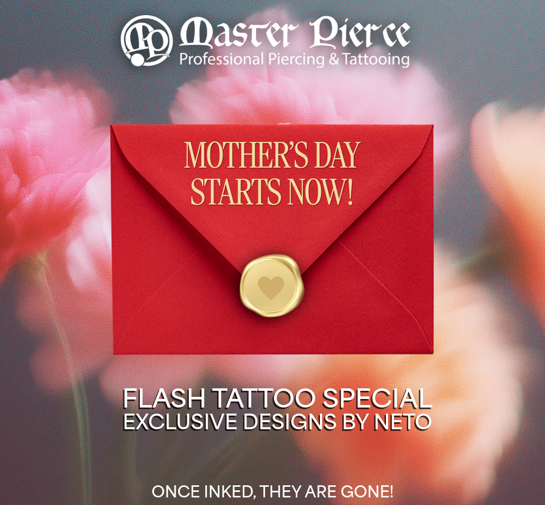 A red envelope with a gold seal and Mother’s Day Starts Now! text is centered on a blurred pink floral background. Text below reads Flash Tattoo Special, Exclusive Designs by Neto. Once inked, they are gone!.