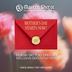 A red envelope with a gold seal and Mother’s Day Starts Now! text is centered on a blurred pink floral background. Text below reads Flash Tattoo Special, Exclusive Designs by Neto. Once inked, they are gone!.