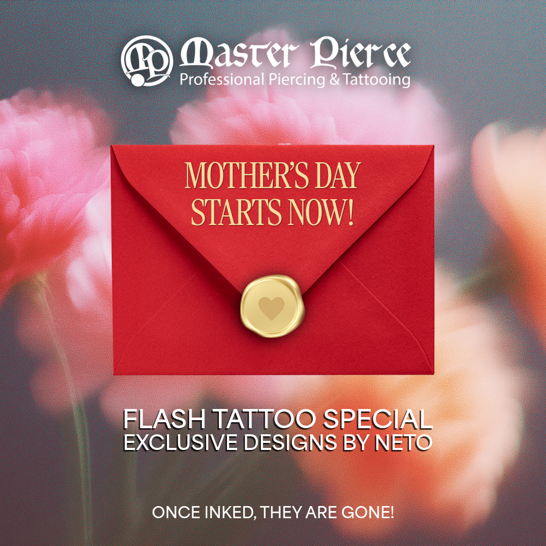 A red envelope with a gold seal and Mother’s Day Starts Now! text is centered on a blurred pink floral background. Text below reads Flash Tattoo Special, Exclusive Designs by Neto. Once inked, they are gone!.