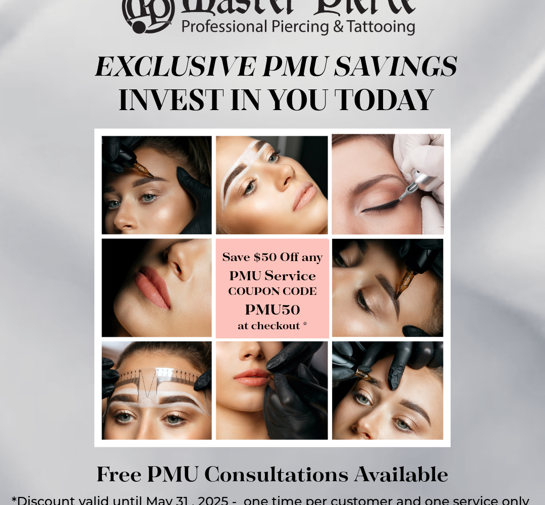 A beauty clinic ad shows a collage of permanent makeup (PMU) procedures, including eyebrow, lip, and eyeliner treatments. Text promotes $50 off with code PMU50, free consultations, and a discount valid until May 31, 2025.