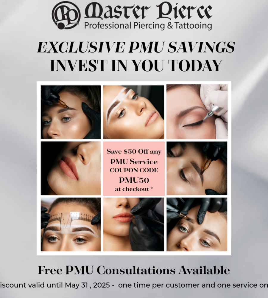 A beauty clinic ad shows a collage of permanent makeup (PMU) procedures, including eyebrow, lip, and eyeliner treatments. Text promotes $50 off with code PMU50, free consultations, and a discount valid until May 31, 2025.