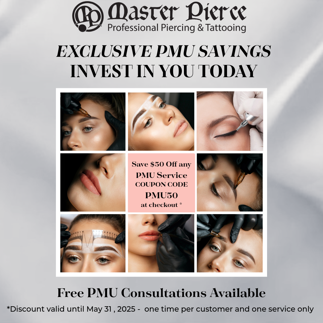 A beauty clinic ad shows a collage of permanent makeup (PMU) procedures, including eyebrow, lip, and eyeliner treatments. Text promotes $50 off with code PMU50, free consultations, and a discount valid until May 31, 2025.
