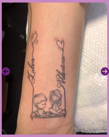 Tattoo of a boy and girl sitting on a swing, each holding a balloon with their names, Luken and Valentina, written along the string. The balloons are heart-shaped and rise above their heads.
