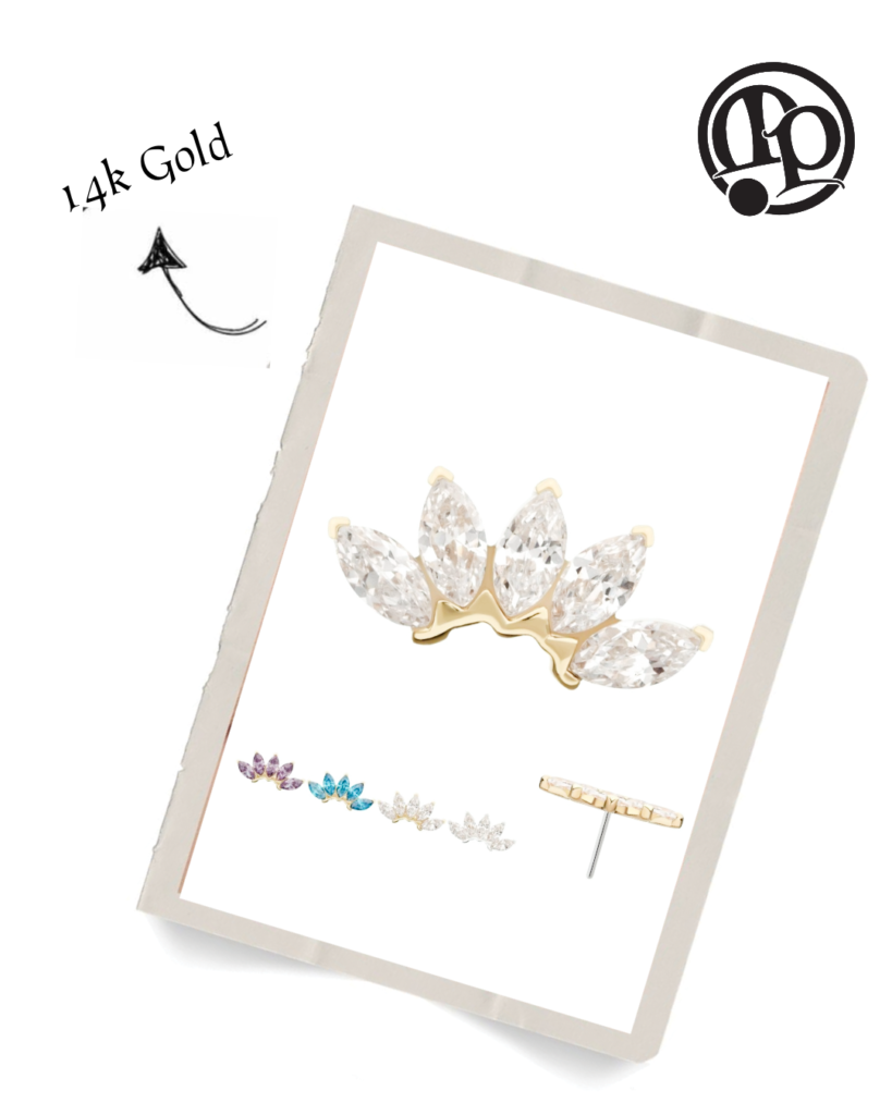 A gold earring with five marquise-cut gemstones is displayed on a white card. Four color options are shown below: purple, blue, white, and clear. “14k Gold” and a logo are in the upper left and right corners.