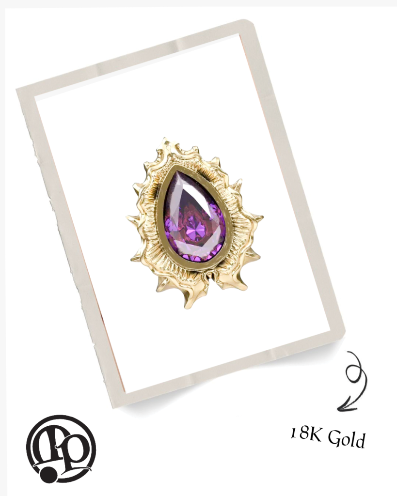 A teardrop-shaped purple gemstone is set in a jagged, sunburst-style 18K gold frame, displayed on a white background with the text 18K Gold and a looped arrow.