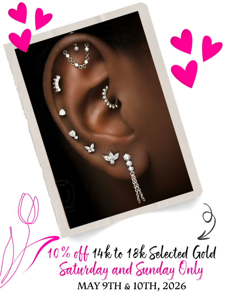 Close-up of an ear with multiple gold and diamond earrings, surrounded by pink heart and flower doodles. Text offers 10% off selected gold on May 9th and 10th, 2026, Saturday and Sunday only.