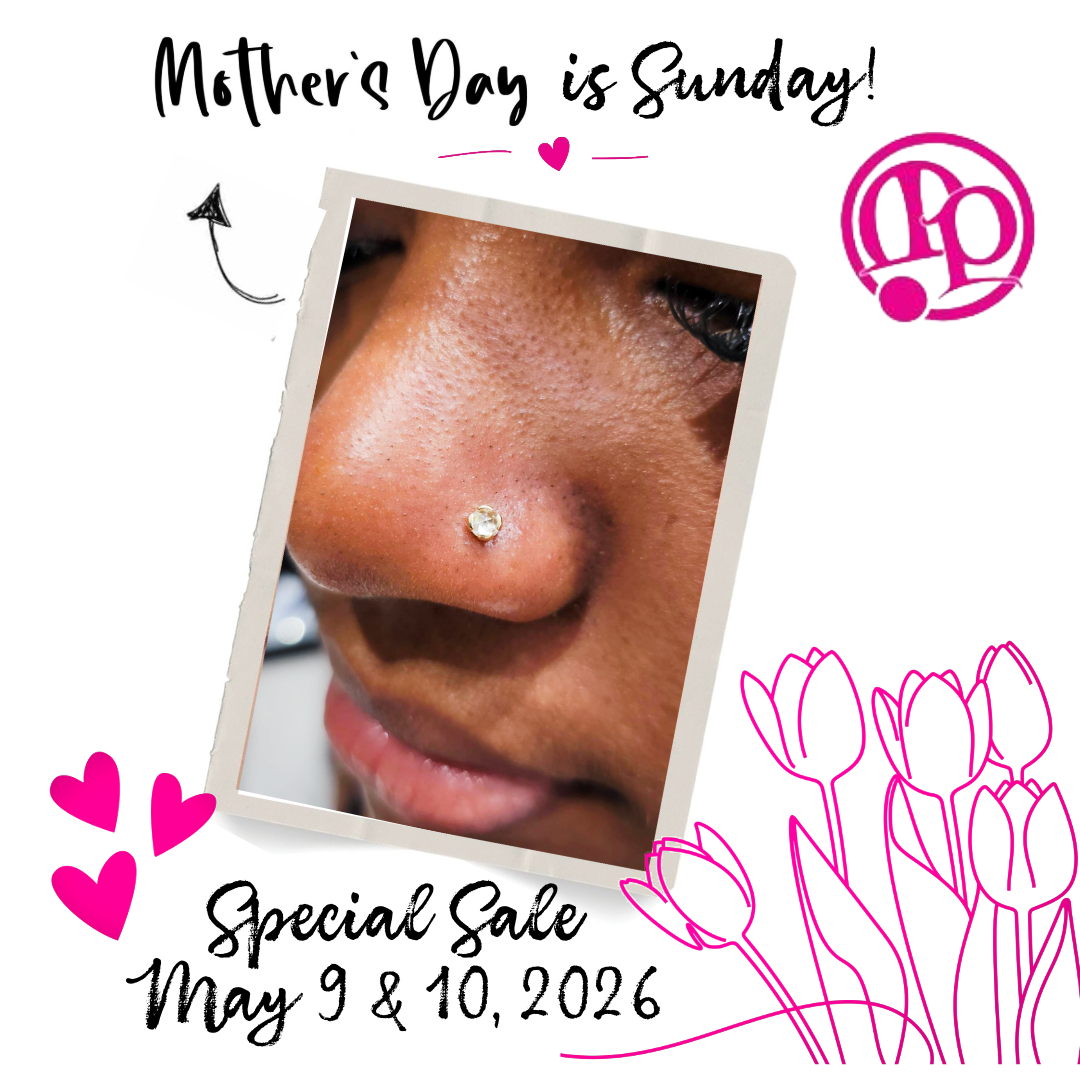Close-up of a person’s nose with a stud piercing, surrounded by pink hearts and tulips. Text reads: “Mother’s Day is Sunday! Mothers Day Flash Tattoo Sale May 9 & 10, 2026” with a pink logo in the top right corner.