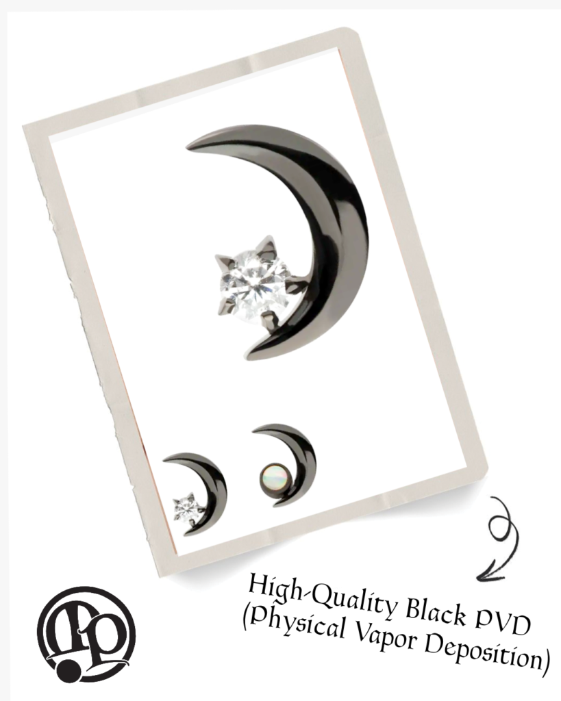 A black crescent-shaped jewelry piece with a clear gem sits on a white background. A smaller image shows a side view, and text reads High-Quality Black PVD (Physical Vapor Deposition) with decorative symbols.